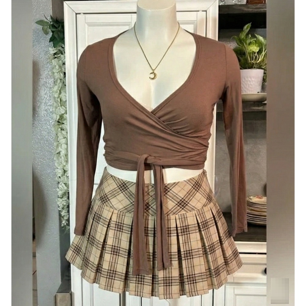 Brown Long Sleeve Wrap Blouse Plus Size 0XL Fall Autumn‎